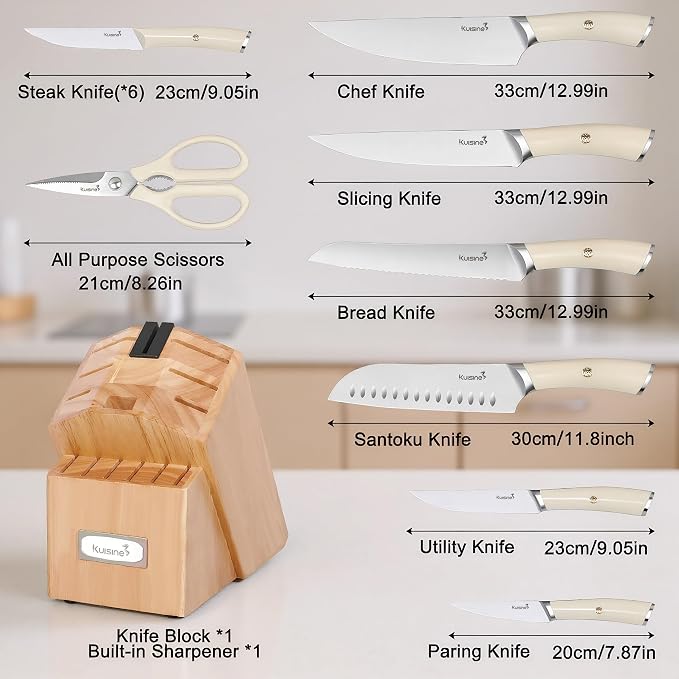 KUISINE Upgraded Knife Set High Carbon Stainless Steel Super Sharp Blade Ergonomic Rivet Handle,Knife Block Set with Built-in Sharpener(Ivory Acacia Pro,15PCS)