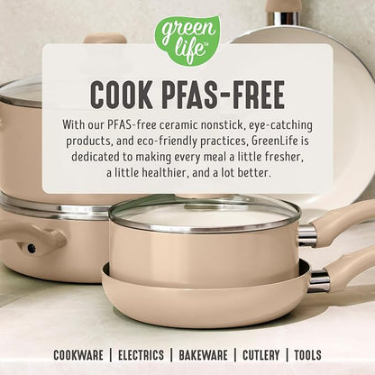 GreenLife 5 Quart Nonstick Stock Pot with Lid, Non-Toxic Ceramic Pot, Dishwasher Safe, Induction Ready, Fast Heating, Stay-Cool Handles, Kitchen Casserole, Soup, Pasta, Easy Clean, Beige Taupe