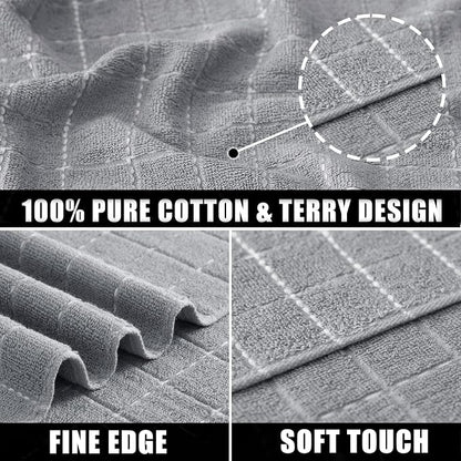 Mordimy 100% Cotton Terry Cloth Kitchen Towels, Super Soft and Absorbent Dish Towels for Drying, Checkered Designed Hand Towels for Kitchen, 13 x 28 Inches, 4 Pack, Light Grey