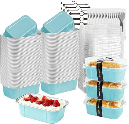 Mini Cake Pans With Lids And Spoons,5.5 oz Rectangle Mini individual Loaf Pans Disposable Aluminum Foil Small Baking Cups Tins (100, Wathet)