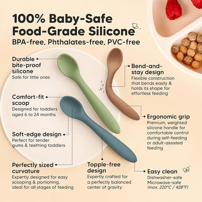 KeaBabies Silicone Baby Spoons, Self Feeding 6-12 months - 3-Pack Baby Weaning Eating Utensils, Toddler First Food Training Spoon, Infant, Kids Feeding Supplies Essential Set, Dishwasher-safe (Desert)