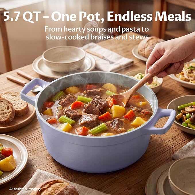 BEZIA 5.7 Quart Nonstick Ceramic Dutch Oven Style Stock Pot with Lid, Lightweight Die-Cast Aluminum Cooking Pot for Family Stew & Braising, Induction Ready Soup Pot, Oven Safe, Serves 3-5 People