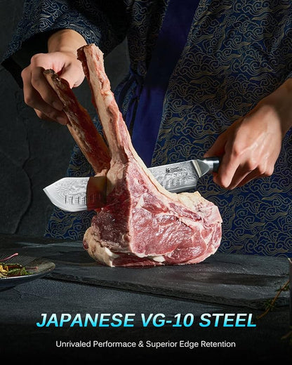 KYOKU 10″ Damascus Butcher Knife for Meat Cutting,UPGRADED Breaking Knife with Silver PVD Coating for Professional Home Chefs,Sharp Bullnose Japanese Style VG10 Steel Meat Carving Knife for Kitchen