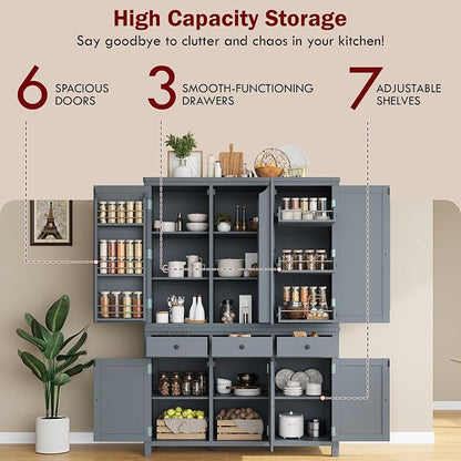 74.8''H High Freestanding Kitchen Pantry, Wooden Kitchen Organizers Cupboard Storage Cabinet with Door Shelves, Adjustable Shelves, Pull-out Trays and Drawers for Dining Room Living Room (Gray-2.12)