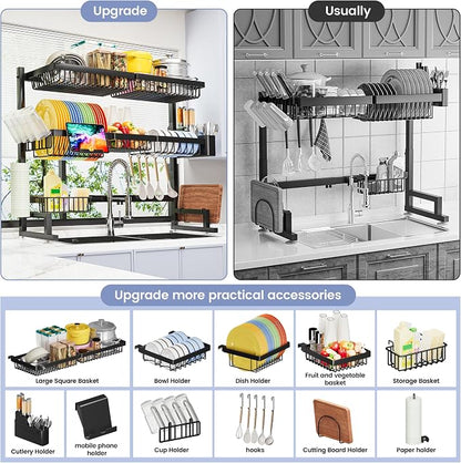 ADBIU Over The Sink Dish Drying Rack (Expandable Height and Length) Snap-On Design 2 Tier Large Dish Rack 31-39.4L x 12W x 34-38H inches