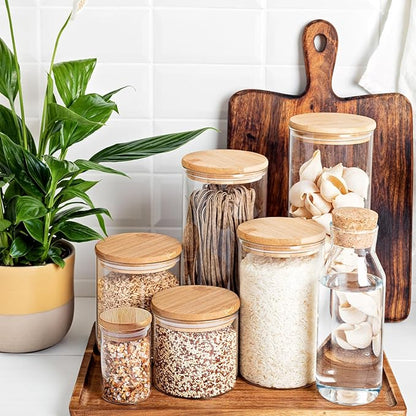 SHOWIN 15oz Glass Food Storage Jars, Glass Jars with Bamboo Lids, Kitchen Storage Jars, Set of 6, Canisters with Airtight Lids for Spice, Coffee, Cookie, Pantry Organizers