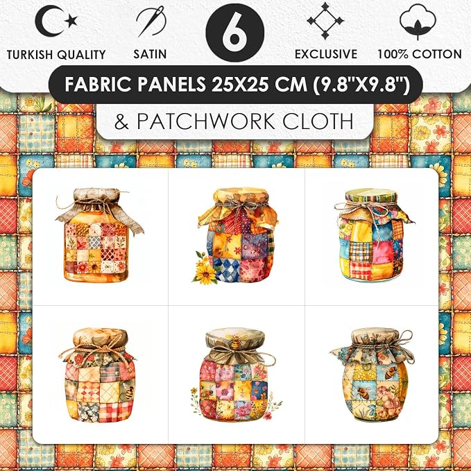 Patchwork Honey Jar Cotton Fabric Panel – 6 Designs (10×10 inch Each) + Bonus Sheet 29.5×19.6 inch, 100% Cotton 140 GSM, Made in Türkiye