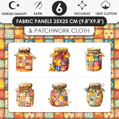 Patchwork Honey Jar Cotton Fabric Panel – 6 Designs (10×10 inch Each) + Bonus Sheet 29.5×19.6 inch, 100% Cotton 140 GSM, Made in Türkiye