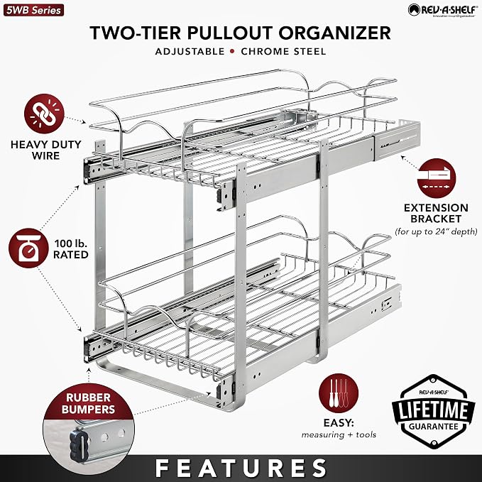 Rev-A-Shelf 2-Tier Pullout Shelf and Drawer Organizer for Kitchen Cabinets, Slide Out Storage Basket, Min Opening Width of 11.5", 12" x 22", 5WB2-1222CR-1