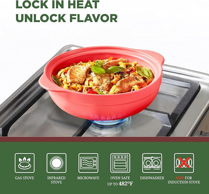 MINH LONG 1-Qt Porcelain Dutch Oven with Lid – Lead & Cadmium Free, Oven Safe to 482°F, Heat Retention, Clay Pot for Cooking on Gas & Infrared Cooktop, Use to Marinate, Cook, Bake, Refrigerate & Serve