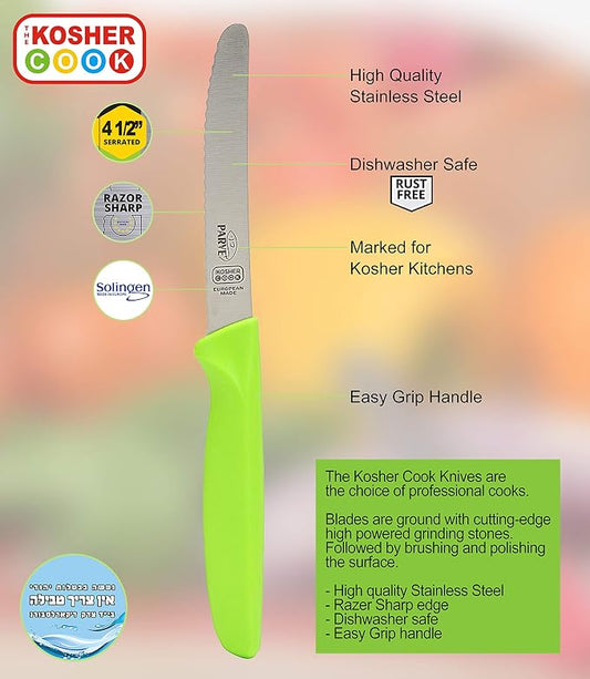 The Kosher Cook Parve Green Kitchen Knife - 4.5” Steak and Vegetable Knife - Razor Sharp Curved Tip, Serrated Edge - Color Coded Kitchen Tools