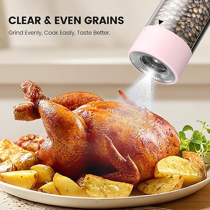 Electric Salt and Pepper Grinder Set - Rechargeable Automatic Salt and Pepper Shakers, Kitchen Appliances with External Adjustable Coarseness, Larger Hopper for Cooking, Home Gifts(2 Pack,Pink/Pink)