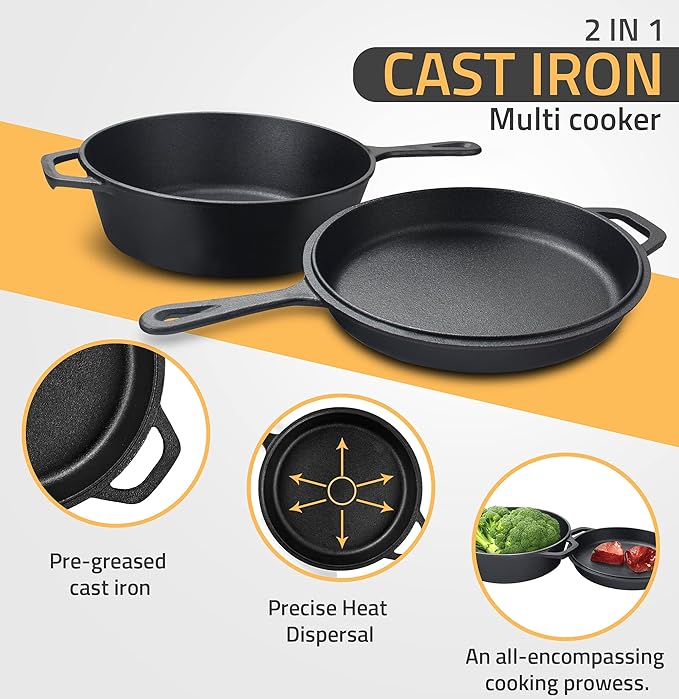 KICHLY Combo Cooker Cast Iron Dutch Oven with Lid 2 in1, Pre-seasoned Multi Cookware Skillet, 3.2QT Cast Iron Pan Dutch Oven Deep Pot with Frying Pan 10.25 Inch, Grill Induction Stovetop Camping