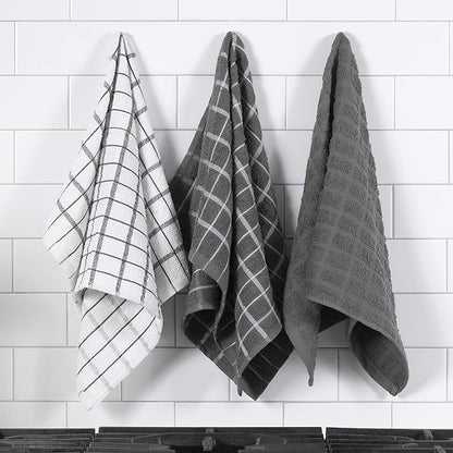Ritz Premium 100% Cotton Terry Check Kitchen Dish Towels - Highly Absorbent, Super Soft, Long-Lasting, 25"x15", 3-Pack, Gray
