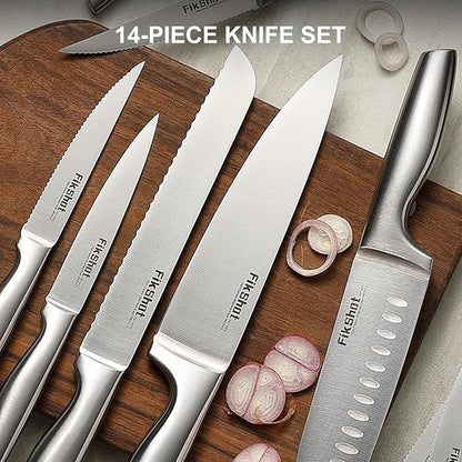FIKSHOT 14 Pieces Knife Block Set German Stainless Steel with Block, Razor-Sharp Santoku Knives, Fruit & Kitchen Knives, Rust Resistant for Homecooks (Silver + Walnut)