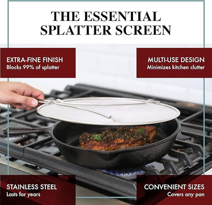 Splatter Screen for Frying Pan - 11.5 Inch Stainless Steel Grease Splatter Guard - Cover Oil Splash when Sizzling Bacon, Cooking Fried Chicken or Popcorn