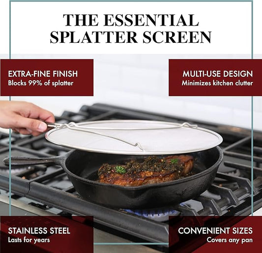 Splatter Screen for Frying Pan - 9.5 Inch Stainless Steel Grease Splatter Guard - Cover Oil Splash when Sizzling Bacon, Cooking Fried Chicken or Popcorn