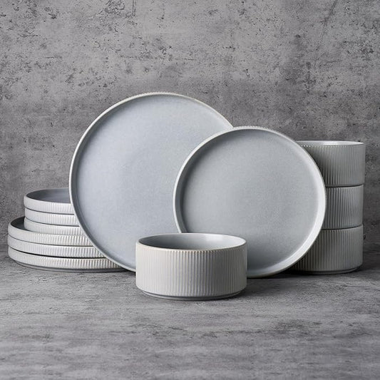 Famiware Star 12-Piece Stoneware Dinnerware Sets, Service for 4 - Handcrafted Reactive Glaze Plates and Bowls, Modern Rustic Dishes, Chip & Scratch Resistant, Microwave & Dishwasher Safe, Matte Gray