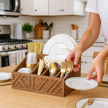 Paper Plate Dispenser |Paper Plate Holders For Kitchen Counter |Wooden Utensil Holder Silverware Organizer |Cutlery Flatware Organizer Box For Cups, Plates, Cutlery,Kitchen Accessories