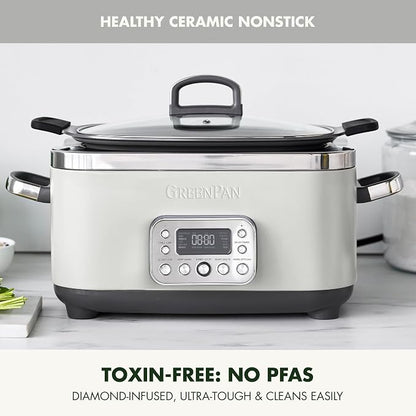 GreenPan Elite 14-in-1 Nonstick 6QT Electric Slow Cooker, PFAS-Free Ceramic Multi-Cooker, In-Pot Browning, Dishwasher Safe Lid & Removable Crock, Stainless Steel Steamer, Silicone Handles, White