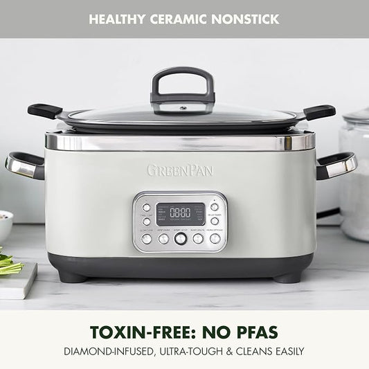 GreenPan Elite 14-in-1 Nonstick 6QT Electric Slow Cooker, PFAS-Free Ceramic Multi-Cooker, In-Pot Browning, Dishwasher Safe Lid & Removable Crock, Stainless Steel Steamer, Silicone Handles, White