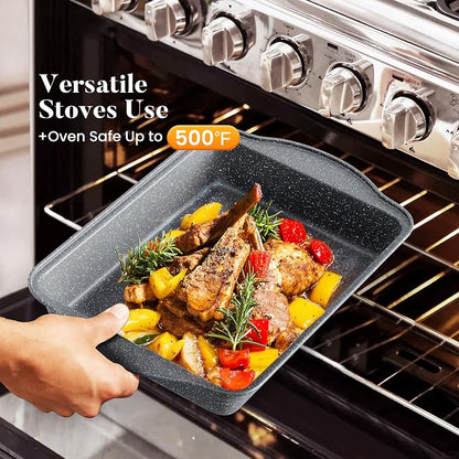 Kitchen Academy Granite Pots and Pans Set Non Stick - 17 Piece Nonstick Cookware Set, Induction Gray Cooking Pans Set, PFOA & PFOS Free.
