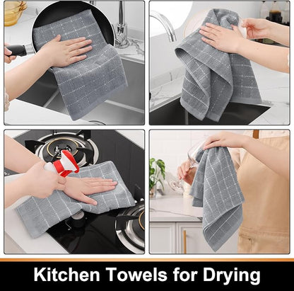 Mordimy 100% Cotton Terry Cloth Kitchen Towels, Super Soft and Absorbent Dish Towels for Drying, Checkered Designed Hand Towels for Kitchen, 13 x 28 Inches, 4 Pack, Light Grey