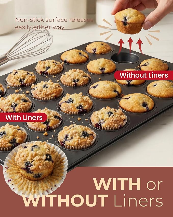 CARTMAN 24-Cup Mini Muffin Pan with 200 Paper Liners, Non-Stick Carbon Steel Mini Muffin Tin for Even Baking, Ideal for Cupcakes, Egg Bites, and Party Treats