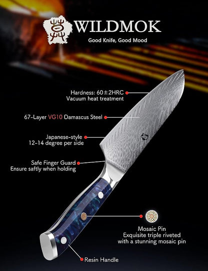 WILDMOK Santoku Knife, 7 Inch kitchen knife, Japanese Damascus Forged Steel Multifunction Kitchen Knives & Resin Handle, Sharp Damascus Kitchen Knife