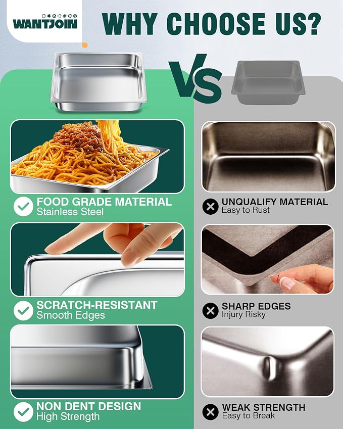 WantJoin Steam Table Hotel Pans 1/2 Half Size 4 Inch Deep 6 Pack, Stainless Steel Metal Tray Sets Food Storage Container for Restaurant Chafing Dishes Commercial Buffet Catering Supplies