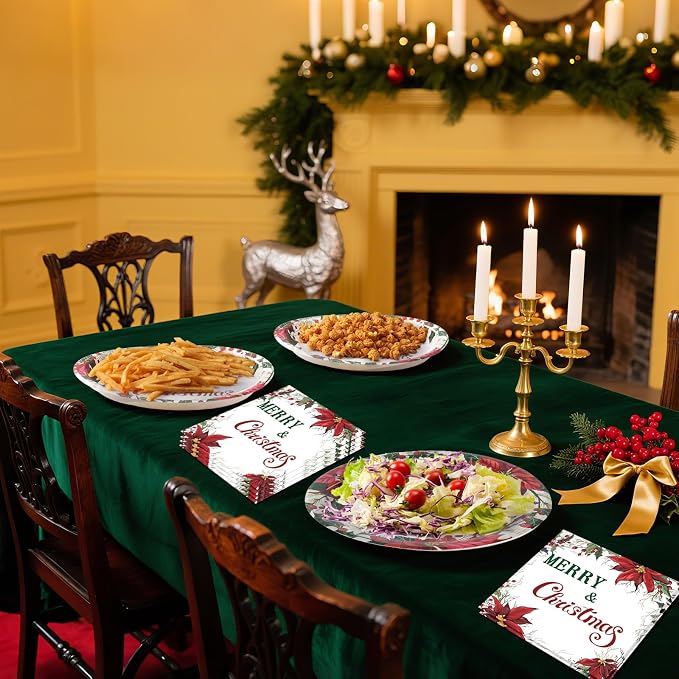 Dereinwo 100 PCS Christmas Paper Plates and Napkins | Bundle Includes Paper Oval Dinner Plates and Napkins for Christmas Party Supplies