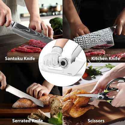 Longzon 6-in-1 Knife Sharpener 5 Stage with Cut-Resistant Glove, Manual Kitchen Tool for Straight & Serrated Knives, Quickly Sharpens Restores & Polishes Dull Blades Safe for Home Kitchen, White+Gray