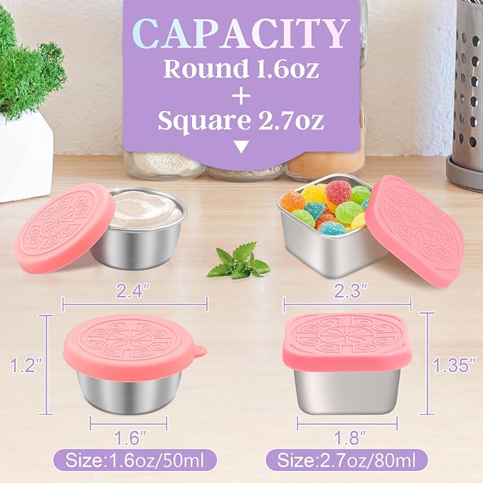 Qukaka 6 PCS Salad Dressing Container to Go,Handy Leakproof Stainless Steel Meal Prep Containers Reusable,Sauce Containers for Lunch Box, Picnics, Travel, Office and Kitchen Storage-1.6oz+2.7oz