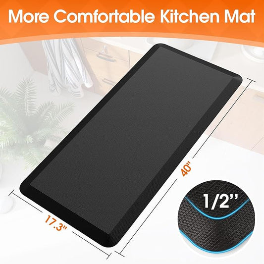 TranquilRelax Kitchen Mat, Cushioned Thick Floor Comfort Mat, with Non-Slip Bottom, Waterproof & Stain Resistant & Easy Clean, Standing Desk Mat for Kitchen, Sink, Office (17.3''x39'', Black)