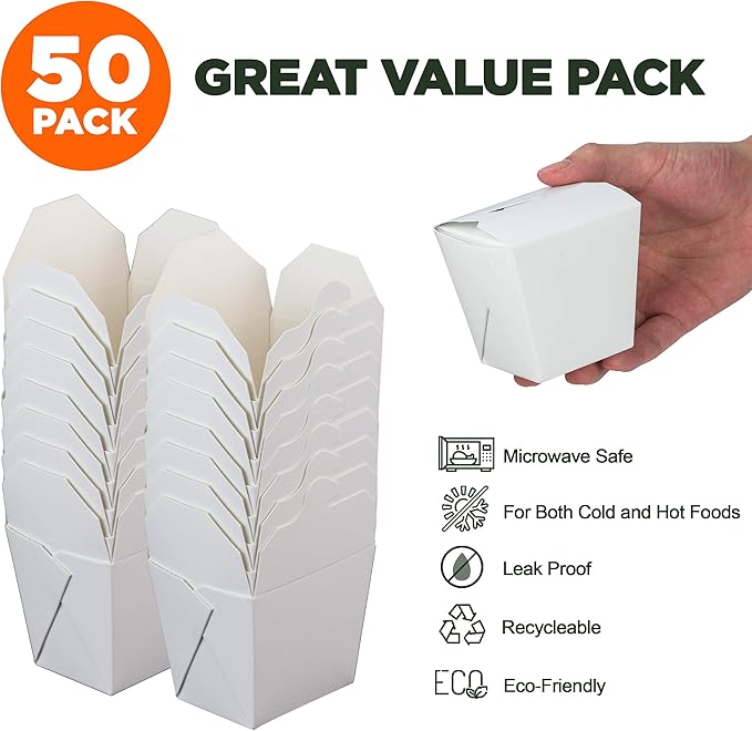 Fit Meal Prep 8 oz Chinese Take Out Boxes - 3 x 2.5 Plain White Paperboard Food Containers, Leak and Grease Resistant Pint Size Asian Rectangle To Go Boxes, Candy Buffet Box and Party Favors, 50 Pack