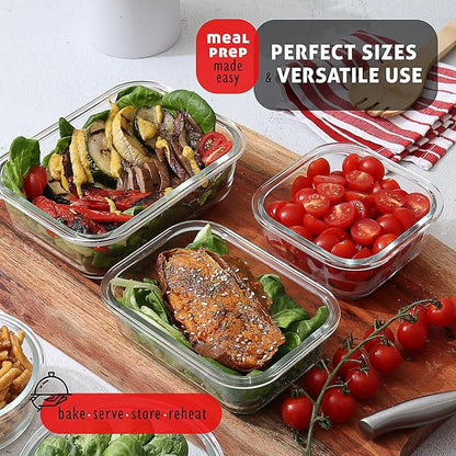EATEX 16pc Glass Storage Containers with Lids, 8 Glass Food Storage Containers with 8 Airtight Lids for Pantry & Kitchen, Meal Prep Containers for Lunch, Oven Freezer Microwave & Dishwasher Safe