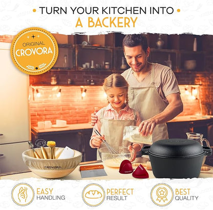 Crovora Pre-Seasoned Cast Iron Dutch Oven for Bread Baking with Skillet Lid - Incl. Sourdough Bread Baking Supplies like Banneton Bread Proofing Basket, 5QT Cast Iron Bread Pan, Bread Oven