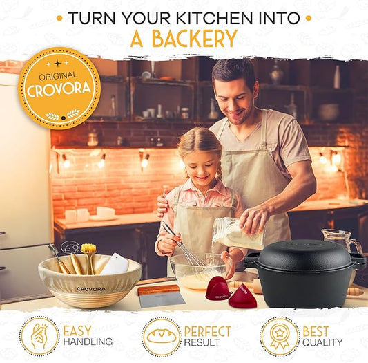 Crovora Pre-Seasoned Cast Iron Dutch Oven for Bread Baking with Skillet Lid - Incl. Sourdough Bread Baking Supplies like Banneton Bread Proofing Basket, 5QT Cast Iron Bread Pan, Bread Oven