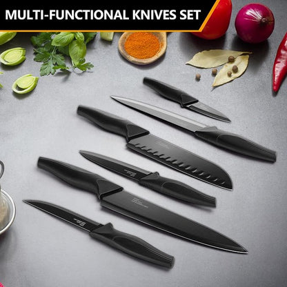E-far Knife Set with Block, 15 Pieces Kitchen Knife Block Set with Sharpener, High Carbon Stainless Steel Sharp Chef Knife Set with Ergonomic Handles, Anti Rust, Black
