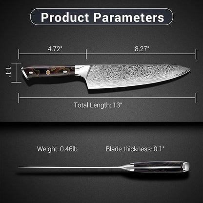 Professional Japanese Damascus Chef Knife 8 Inch - VG-10 High Carbon Steel, Ergonomic Resin Handle with Leather Sheath & Luxury Gift Box