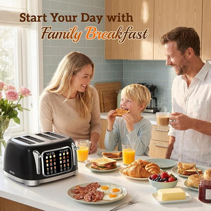 RONGBEST Retro Toaster 4 Slice with Stainless Steel Wide Slot Touch Screen for Family Breakfast, 6 Browning Levels for Bagel & Bread, Reheat & Defrost, Removable Crumb Tray, Jet Black