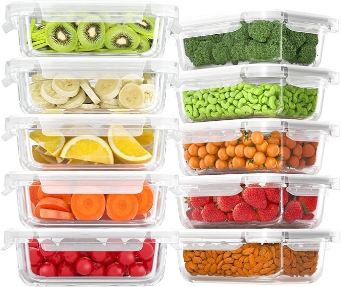 Bayco 10 Pack Meal Prep Containers, Glass Food Storage Containers with Lids, Airtight Lunch Bento Boxes, BPA-Free & Leak Proof (10 lids & 10 Containers) - White