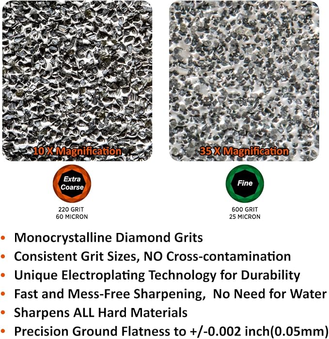 SHARPAL 163N Diamond Sharpening Stone, Dual Grit 220/600 – Extra Coarse & Fine for Dull and Damaged Blades, 8" x 3" with Storage Case (NonSlip Base) & Angle Guide