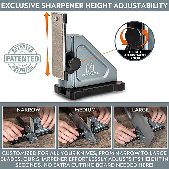 PATENTED ORIGINAL ADJUSTABLE ROLLING KNIFE SHARPENER KIT: Adjustable Height, 10° to 40° for 30 Angle Options, Removeable Diamond Plates with Travel Case - Kitchen Knife Sharpener