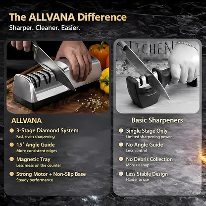 Electric Knife Sharpener for Kitchen, 3-Stage Professional Kitchen Knife Sharpener with 15° Precision Angle Guide, Fast & Portable Stainless Steel Grinding Tool for Sharpening, Repairing & Polishing