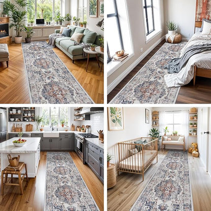 Hallway Washable Runner Rug - 3x10 Kitchen Rugs Entryway Rug Runner Vintage Soft Floor Mat Non Slip Indoor Farmhouse Carpet for Bathroom Living Room Bedroom (3 X 10, Brick)