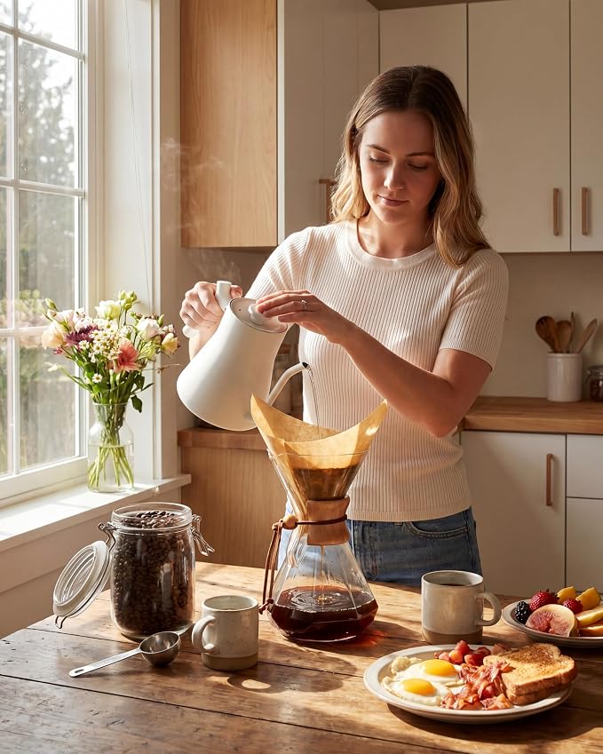 AGOGO Pour Over Coffee Maker Glass with 50pcs Paper Filters -for Home, Office, Camping, Cafes - Easy Clean Coffee Dripper Set (Soft Towel&Brush)(34oz Diamond Design w/Paper Filters)