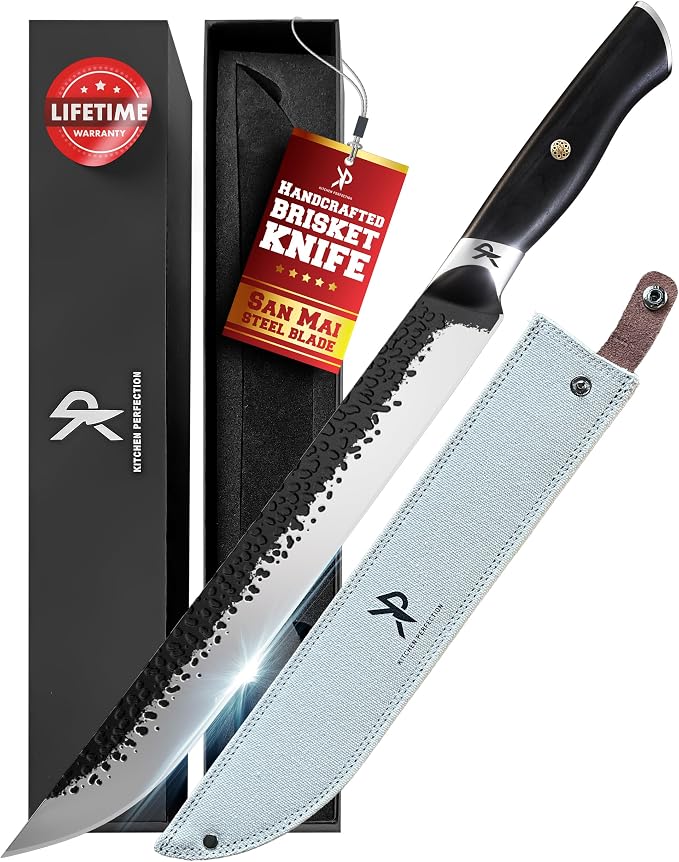 Kitchen perfection 12" Handmade Brisket Knife, Meat Cutting Carving & Slicing BBQ Knife For Men – Insanely Sharp San Mai Steel, W/Canvas Sheath Premium Ergonomic Handle, Best Grilling Gifts for Men