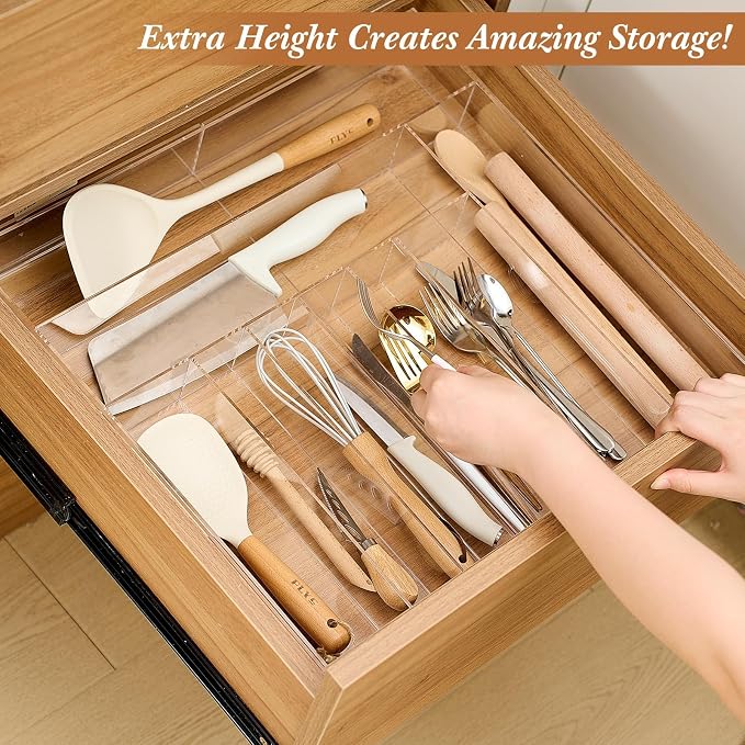Teenyyou 1 Pack Expandable Kitchen Drawer Organizer Clear Acrylic Utensil Organizer Adjustable Acrylic Silverware Storage for Drawers Silverware Flatware Knives (18.5 x 17.4 Inches,9-11 Compartments)
