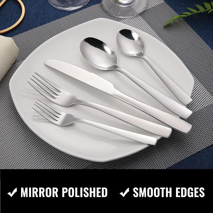 Hiware 24-Piece Silverware Set with Steak Knives, Stainless Steel Flatware Cutlery, Mirror Polished Flatware Serving Utensils Set for 4, Includes Forks Spoons Knives Silverware, Dishwasher Safe
